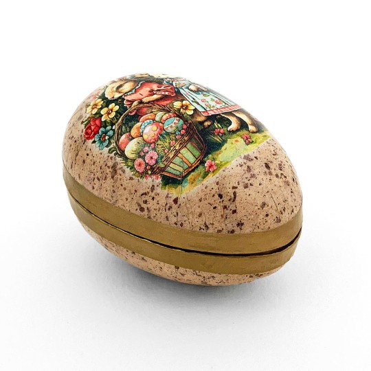 3-1/2" Bunnies with Egg Basket Floral Speckled Egg Paper Mache Easter Egg Box ~ Germany